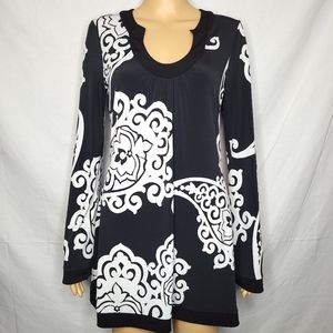 WHITE HOUSE BLACK MARKET BLACK/WHITE ABSTRACT FLORAL TUNIC EUC SMALL